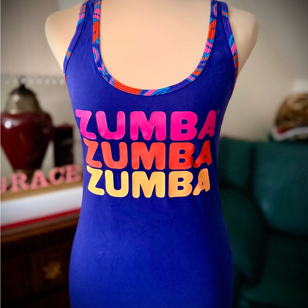 NWOT Zumba Fitness Blue Tank Top with Multicolor Accents